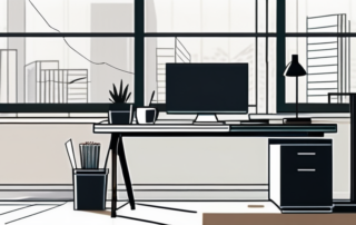 Modernes Buero mit aufgeraeumtem Schreibtisch, Computer, Dokumenten und Kaffeetasse fuer produktive Besprechung.