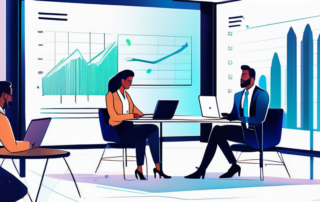 Junge Berufstaetige in Businessoutfits diskutieren und ueberpruefen Daten auf Laptop und Tablet im modernen Buero, Gehaltstrend-Grafik sichtbar im Hintergrund.
