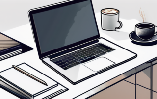 Modernes Buero mit elegantem Schreibtisch, Laptop, Dokumenten und Kaffeetasse, professionelle Atmosphaere.