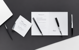 Gepflegter Schreibtisch mit Laptop, Notizbuch und Stift fuer professionelle Gehaltsverhandlungen im Anschreiben.