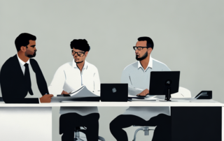 professioneller sitzt an schreibtisch waehrend eins-zu-eins coaching session mit mentor, dokumente werden durchgesehen und feedback gegeben