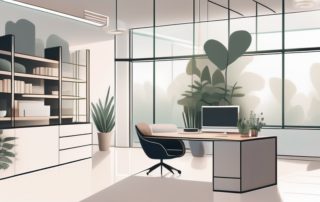 Elegantes Buero mit modernen ergonomischen Moebeln, voll ausgestatteter Kuechenbereich, gemuetliche Lounge mit Pflanzen und weichem Licht.