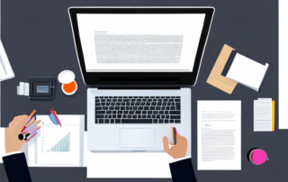 fokussierter Profi an ordentlich aufgeraeumtem Schreibtisch mit Laptop und Dokumenten, hinter ihm organisierte Pinnwand mit Notizen und Arbeitsmaterialien