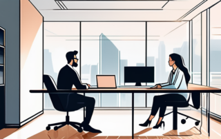 modernes Buero, zwei Kollegen im Gespraech, Laptop und geordnete Papiere, natuerliches Licht, einladende Atmosphaere