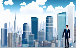 Professionelle Umgebung mit selbstbewusster Person in Businesskleidung vor Stadtansicht, symbolisiert Erfolg und Ehrgeiz.
