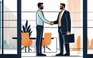 Selbstbewusster Profi und Manager geben sich im modernen Buero die Hand, symbolisieren Erfolg und Vereinbarung.