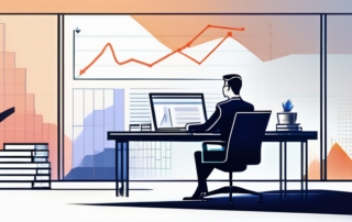 Professionelles Buero mit selbstsicherem Geschaeftsperson am Schreibtisch, Dokumente, Laptop, steigender Gehaltsgraph im Hintergrund.
