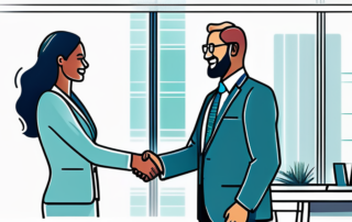 Selbstbewusste Person schuettelt Haende mit Profi in modernem Buero, erfolgreiche Verhandlung.