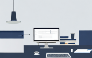 Professioneller in buero bereit fuer gehaltverhandlung an sauberem schreibtisch mit dokumenten und laptop