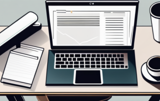 moderner Bueroarbeitsplatz mit Laptop Kaffeetasse und Dokumenten