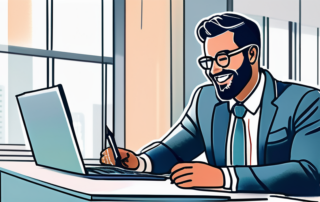 Geschaeftsprofi im Gespraech mit potenziellem Arbeitgeber in modernem Buero, beide lachend, Notizbuch und Stift griffbereit.