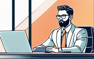 Selbstbewusster Profi am Schreibtisch in modernem Buero mit Laptop und Dokumenten, symbolisiert Vorbereitung und Gehaltsverhandlung.