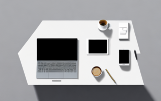 Moderner Arbeitsplatz mit Laptop, Kaffeetasse und Notizblock, ideal fuer Bewerbungsunterlagen, sanfte Beleuchtung.