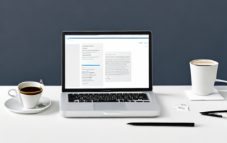 Moderner Schreibtisch mit Laptop, Kaffeetasse und Notizblock, professionelles Gespraech ueber Gehaltsvorstellungen.