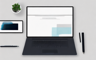 Bueroschreibtisch mit Laptop, Kaffeetasse, Notizblock und Stift, vorbereitet fuer Jobbewerbungen.