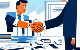 Entschlossener Profi schuettelt selbstbewusst Haende mit Chef ueber Buero-Schreibtisch, symbolisiert erfolgreiche Gehaltsverhandlungen.