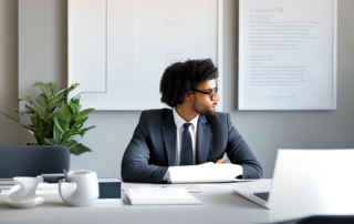 Junger Profi im modernen Buero macht Notizen mit Karrierecoach; stilvolle Einrichtung und motivierende Poster im Hintergrund.