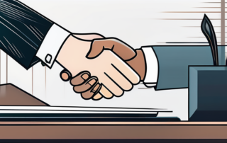 Nahaufnahme eines Geschäftsmanns im Anzug bietet ueber einem modernen Schreibtisch einen festen Handschlag an.