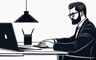 Geschaeftsprofi am Schreibtisch mit offenem Laptop formelle Einstellung für Gehaltserwartungen.