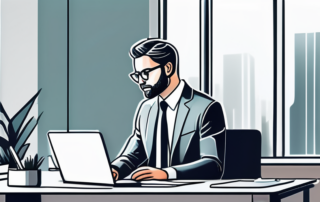 Selbstbewusster Profi am ordentlich arrangierten Schreibtisch in heller, gehobener Buero-Umgebung.