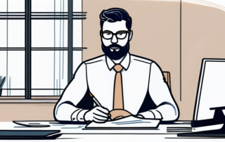 Selbstbewusster Profi am Schreibtisch mit Verhandlungspapieren bei Gehaltsverhandlungen und finanziellem Wachstum.