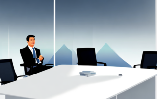 Professioneller sitzt zuversichtlich am Konferenztisch in einladendem Buero, bereit fuer erfolgreiche Gehaltsverhandlung.