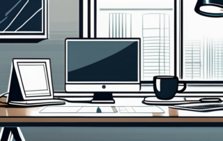 Gut beleuchtetes Buero mit modernem Schreibtisch, Laptop, Notizbuch und Kaffeetasse, professionell und einsatzbereit.