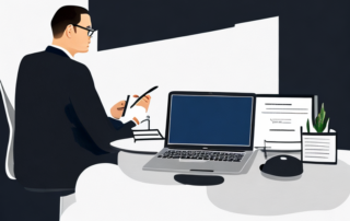 professionelle verhandlungssituation mit selbstbewusstem gespraechspartner am tisch, dokumenten und laptop fuer vorbereitung und strategie