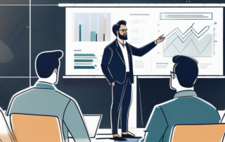 Selbstbewusster Profi praesentiert vor aufmerksamem Team in modernem, gut beleuchtetem Buero mit Praesentationsfolie im Hintergrund.