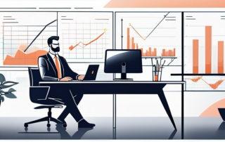 Selbstbewusster Profi im modernen Buero mit Charts, symbolisiert Erfolg und Wachstum.