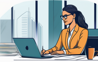 Selbstbewusster Profi am modernen Schreibtisch mit Laptop und Finanzdokumenten, betont Vorbereitung und Planung fuer Gehaltsverhandlungen.