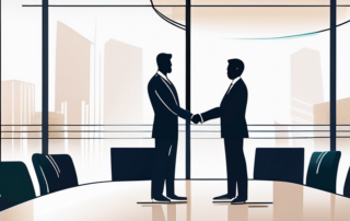 Selbstbewusster Business-Professional in modernem Buero, Haendeschuetteln ueber einem eleganten Konferenztisch, erfolgreiche Verhandlung und Vereinbarung.