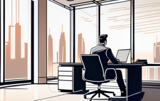 Selbstbewusster Profi am modernen Schreibtisch in Buero mit grossen Fenstern und Tageslicht bei Diskussion.