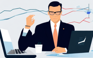 Selbstbewusster Geschaeftsmann im modernen Buero zeigt auf Laptop mit Diagrammen fuer erfolgreiche Gehaltsverhandlung.