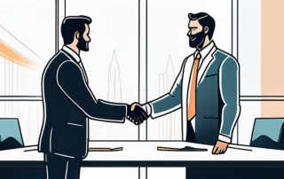 Professioneller begruesst potenziellen Arbeitgeber in modernem Buero.