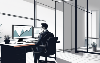 Selbstbewusster Profi am modernen Schreibtisch mit Laptop und Dokumenten in produktiver Bueroatmosphaere.