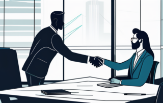 Buerosetting mit erfolgreicher Verhandlung und Handshake zwischen selbstbewusster Person und zukuenftigem Arbeitgeber.
