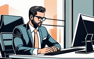 Geschäftsmann im Anzug am modernen Schreibtisch in professionellem Buero fuer Gehaltserhoehungsgespräche.