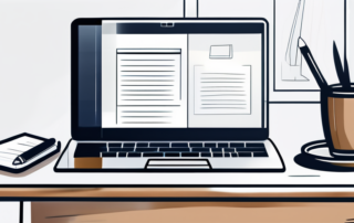 Poliertes Buero mit Laptop, Notizblock, Stift und Kaffeetasse fuer professionelles Ambiente