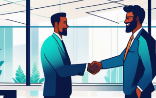 Selbstbewusster Business-Experte beim Haendedruck mit Arbeitgeber in modernem Buero, Verhandlungen und Einigung.