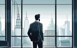 Selbstbewusster Profi mit Aktentasche in modernem Buero mit Stadtblick.