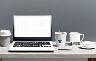 Gut organisierter Arbeitsplatz mit Laptop, Notizblock und Kaffeetasse im modernen Buero mit Motivationspostern.