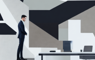 Professioneller in Businesskleidung im modernen Buero, symbolisiert Karrierebereitschaft und Wachstum.