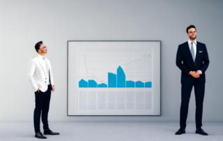 Ein selbstbewusster Profi in modernem Buero mit Diagrammen im Hintergrund, das Erfolg, Wachstum und finanzielle Verbesserung darstellt.