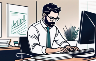 Professionelles Buero mit konzentriertem Mitarbeiter am Schreibtisch, umgeben von Dokumenten und Computer, symbolisiert Vorbereitung und Strategie.