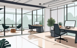 Modernes Buero mit loungigen Bereichen, ergonomischen Arbeitsplaetzen, Snack Bar mit gesunden Optionen, Fitnessbereich und Entspannungszone mit gruener Sitzgelegenheit.
