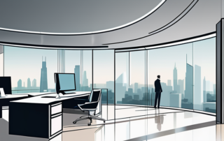 Selbstbewusster Profi in modernem Buero mit Stadtblick, Betonung auf Ehrgeiz und Erfolg