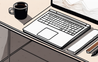 Ordentliches Buero mit Laptop, Notizbuch, Stift und Kaffeetasse, symbolisiert Produktivitaet und Verhandlungsbereitschaft fuer Gehalt.