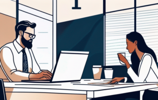 Professionelles Buero, Kollegen diskutieren erfolgreiche Gehaltsverhandlungen, Laptop, Dokumente, Kaffee auf dem Schreibtisch.