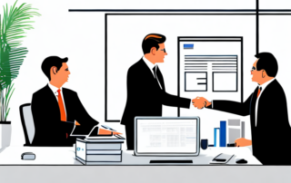 Geschaeftsfuehrer in einem modernen Buero schuettelt die Hand eines Managers, erfolgreiche Gehaltsverhandlungen, Laptop und Dokumente auf dem Schreibtisch.